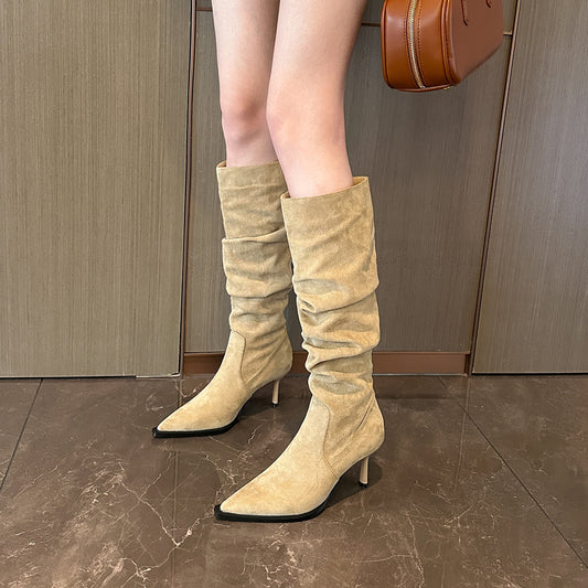 Women's Skinny Below The Knee Long Female Suede Boots