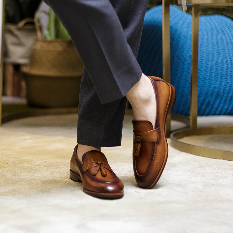 Men's Summer High-grade Round Toe Tassel Business British Style Retro Slip-on Loafers/doug Shoes
