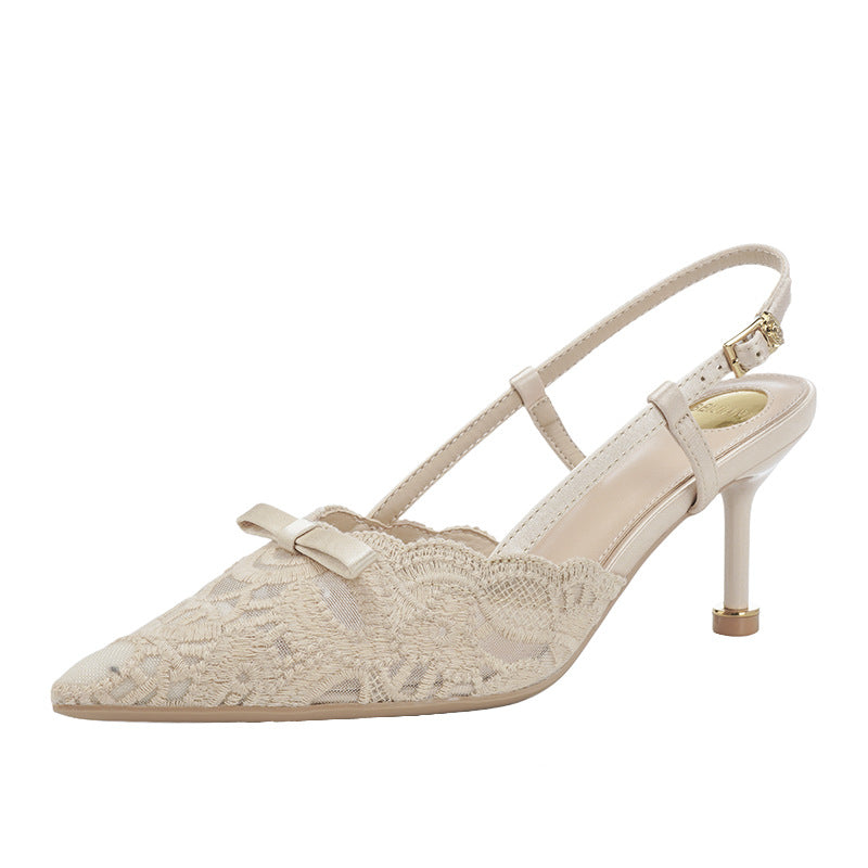 Style Temperament Bowknot Embroidered Lace Pointed Toe Stiletto Back Trip High Heeled Sandals