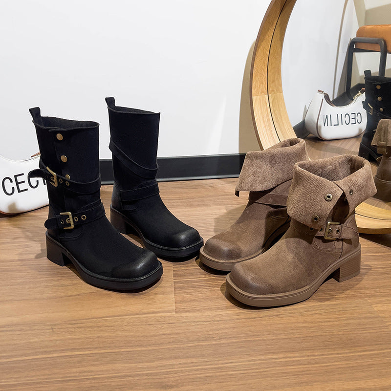 Women's Cowboy Autumn Mid Retro Square Toe Boots