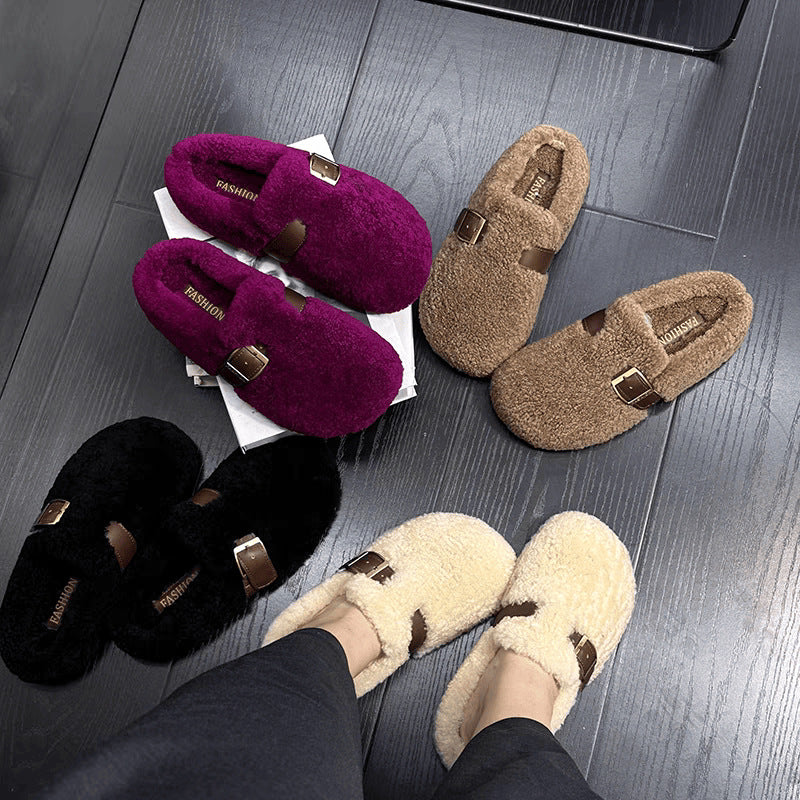 Women's Bottom Lamb Wool Woolen Toe Cap Outer Wear Slip-on Sandals