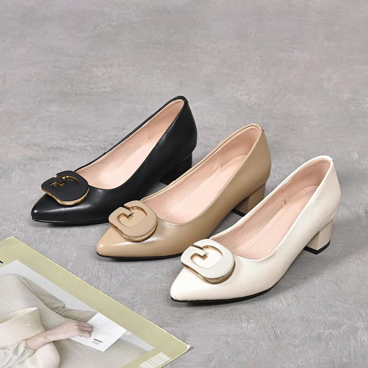 Women's Authentic Square Toe Pumps Spring Soft Mid Low-cut Leather Shoes