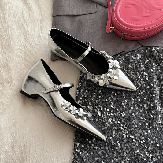 Women's Thick Bottom Flower Sequins With Mary Jane Temperament Height Increasing Women's Fashion Shoes