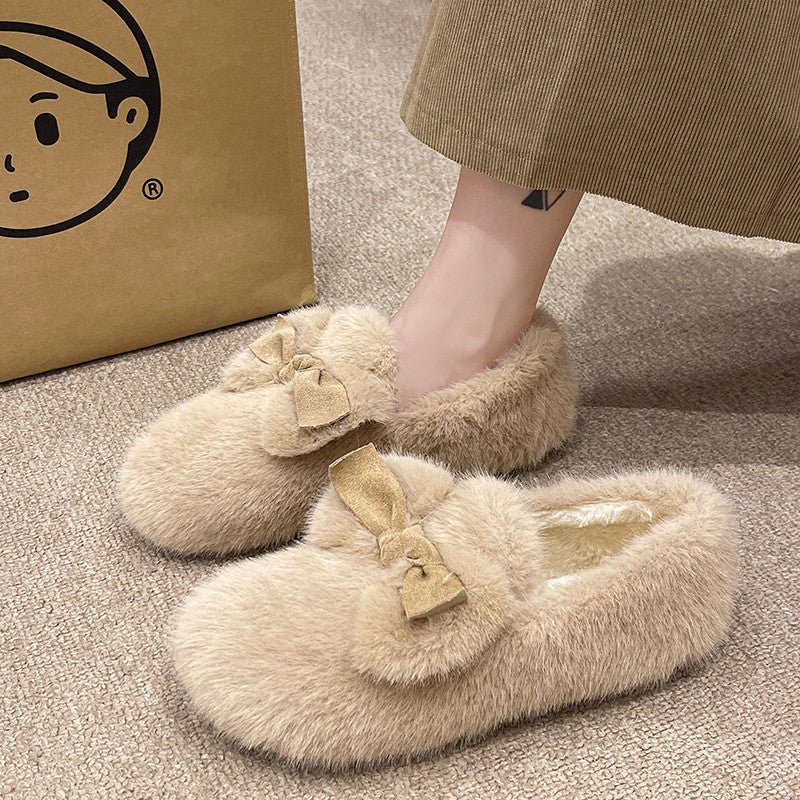 Women's Slip-on Fleece-lined Cotton Outer Wear Bow Casual Shoes