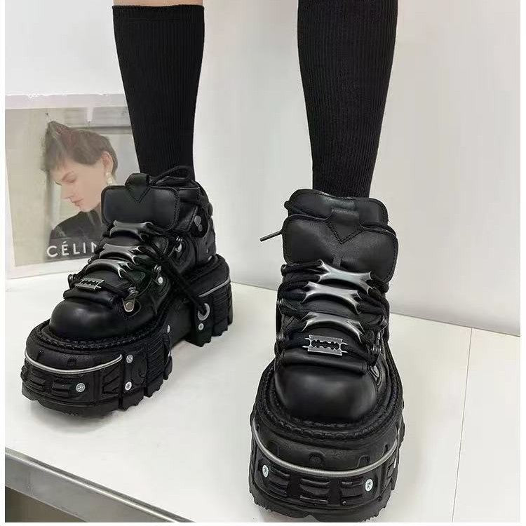 Women's & Men's Retro Spanish Tank Bottom Metal Platform Dark Leather Shoes