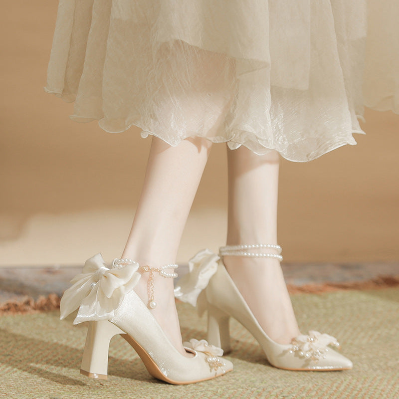 Women's Pointed High Thick Bowknot Wedding With Strap Pearl Grace Women's Fashion Shoes
