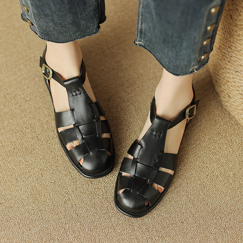 First Layer Cowhide Round Toe Low French Retro Roman Hollowed Flat Sandals