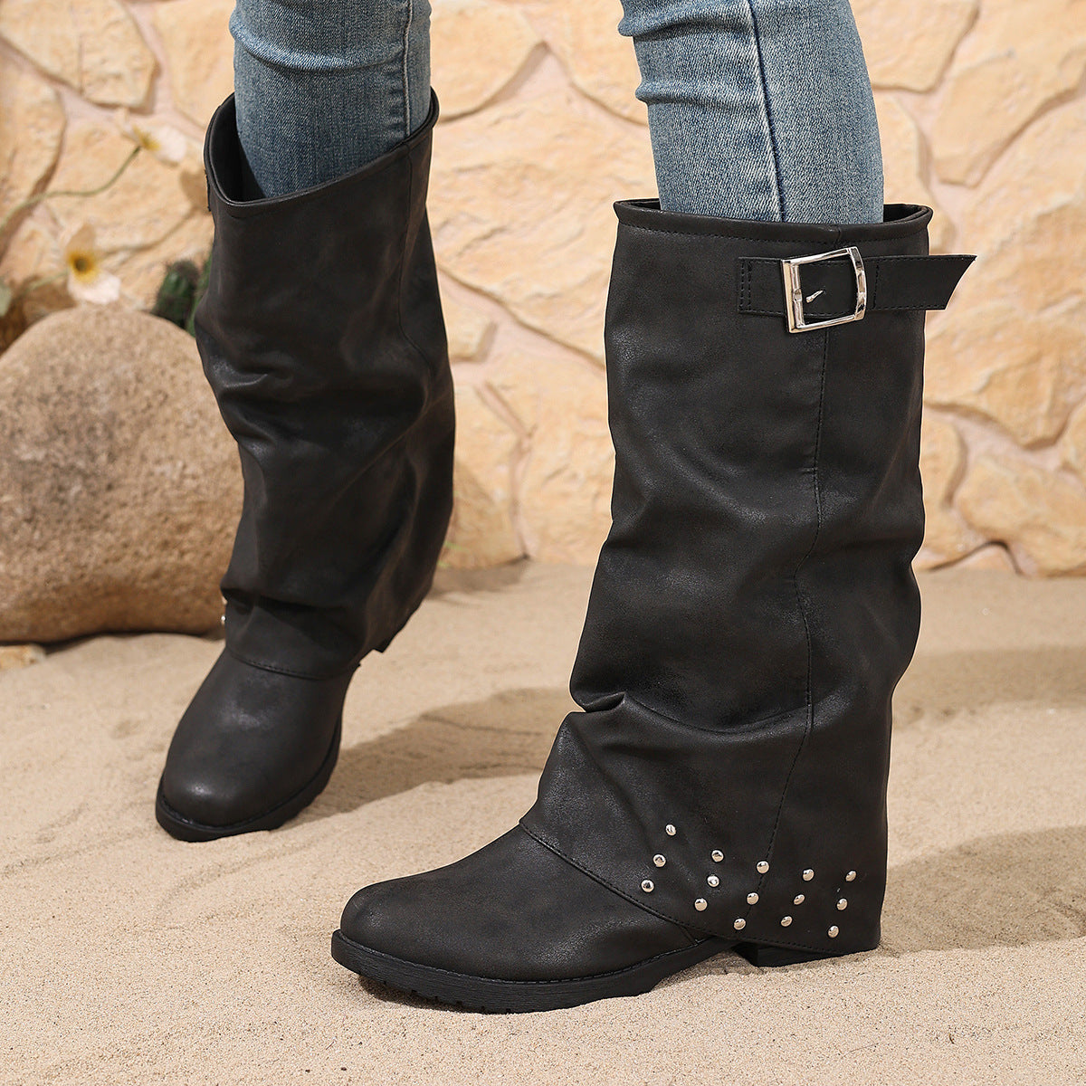 Women's Head Pleated Female Knight Knee-high Bamboo Brass Boots