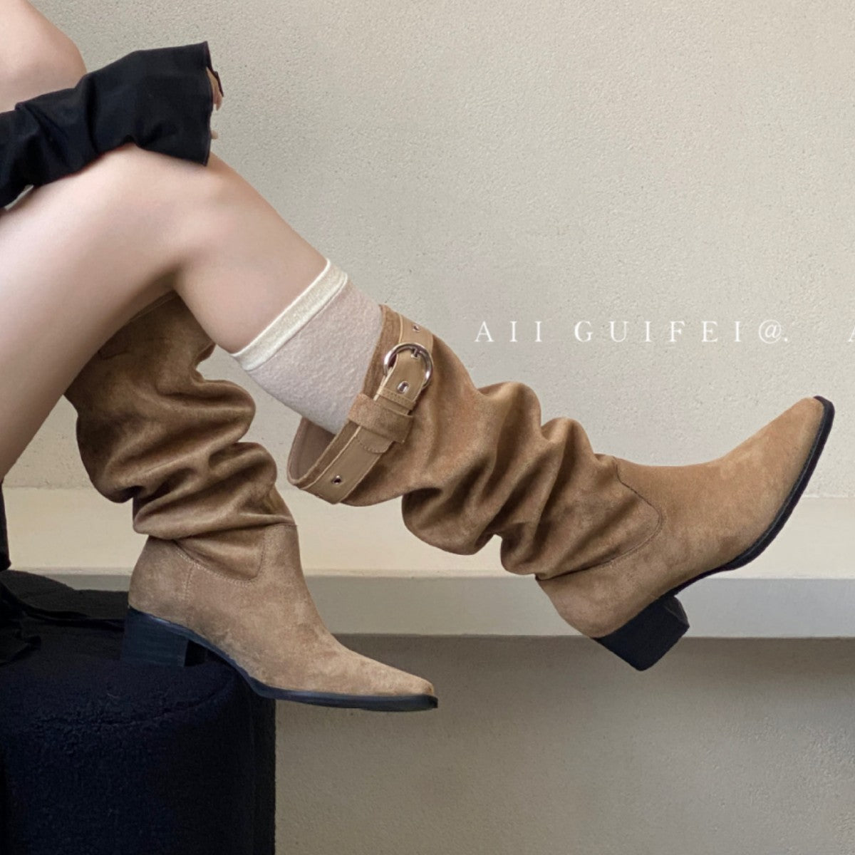 Women's Excluding Tax Below The Knee Long Female Khaki Suede Chunky Boots