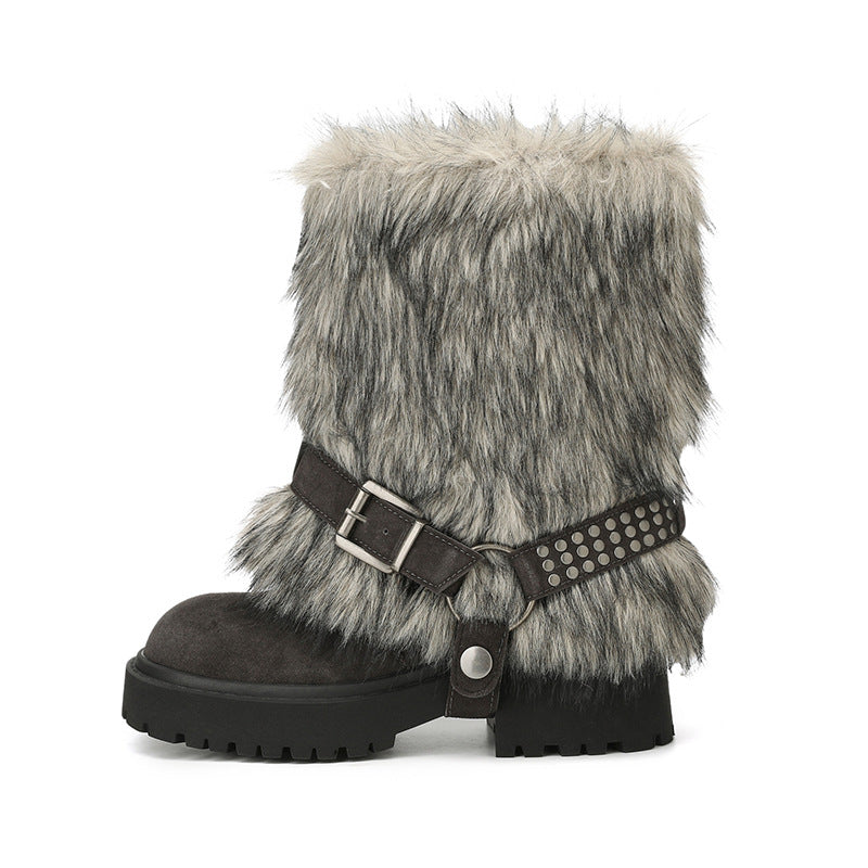 Women's Platinum Round Head Warm Imitation Fur Thick Millennium Style Hot Women's Snow Boots