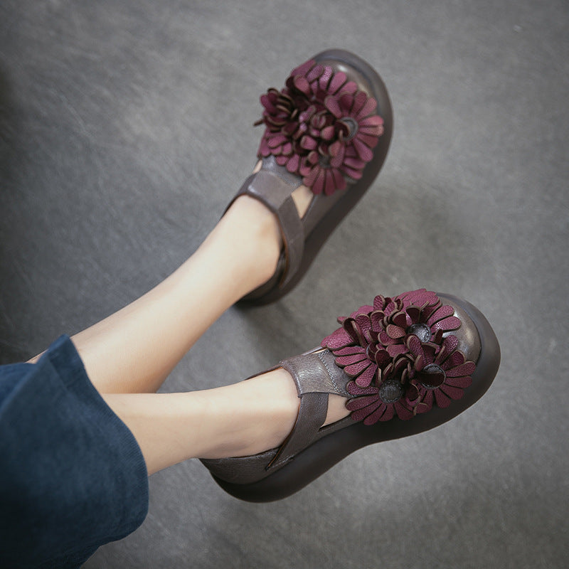 Women's Flower Ethnic Style Fashion Velcro Pumps First Layer Cowhide Women's Casual Shoes