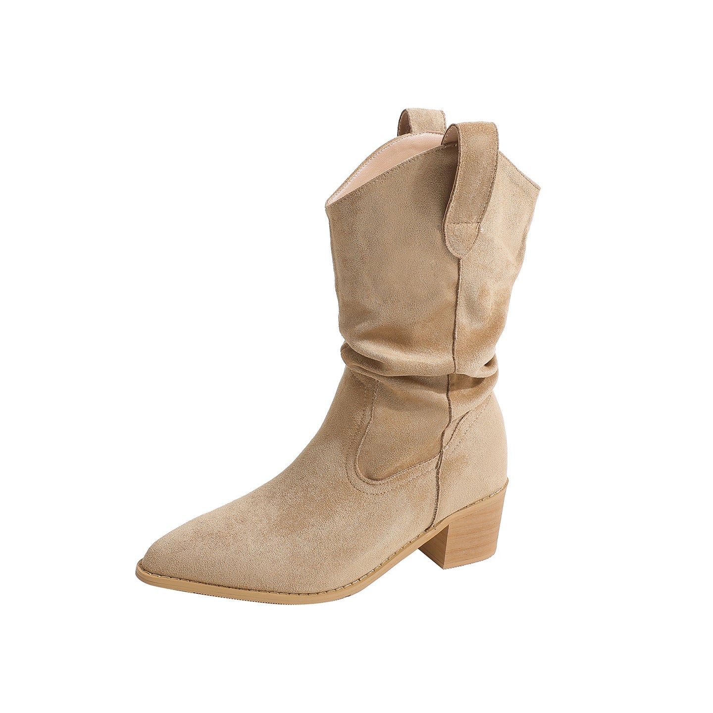 Women's Suede V Cut Western Cowboy Retro Middle Chunky Sleeve Pile Boots