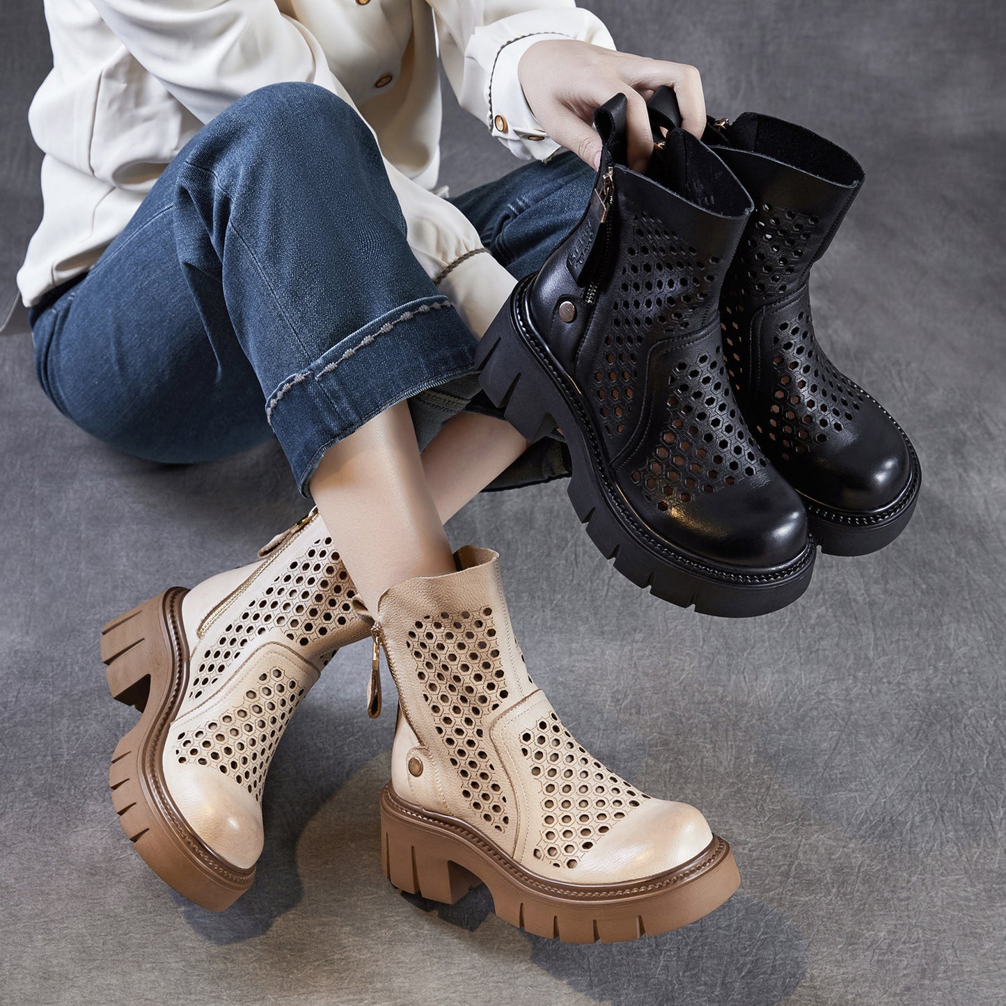 Women's Retro Side Zipper Hollow Hole Fashion First Layer Cowhide Women's Leather Boots
