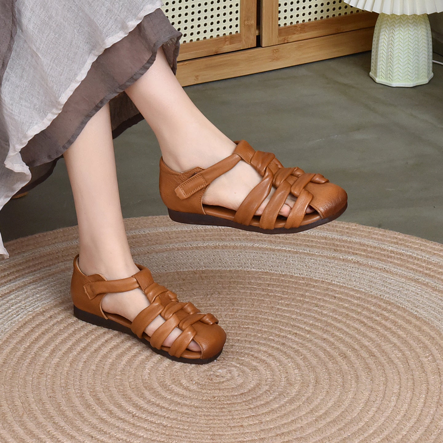 Women's Full Cowhide Woven Mom Summer Genuine Soft Bottom Middle-aged Mother Shoes