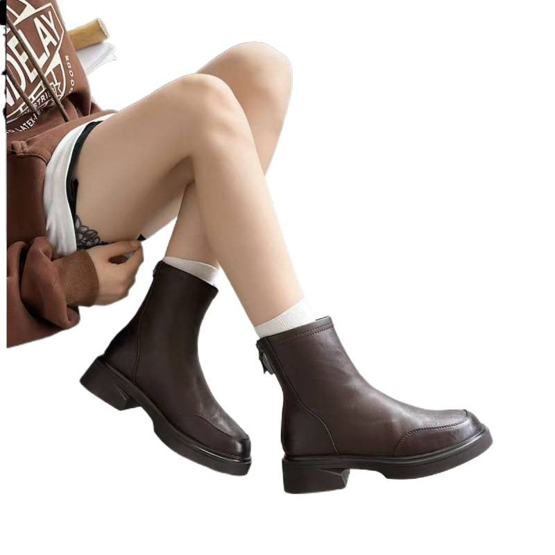 Women's Fashion Short British Style Skinny Thick Round Women's Leather Boots