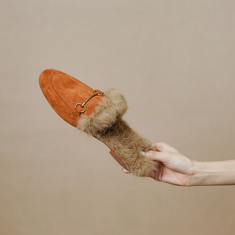 Women's Fluffy Sheep Split Rabbit Fur Winter Outer Wear Closed Toe Flat Slippers