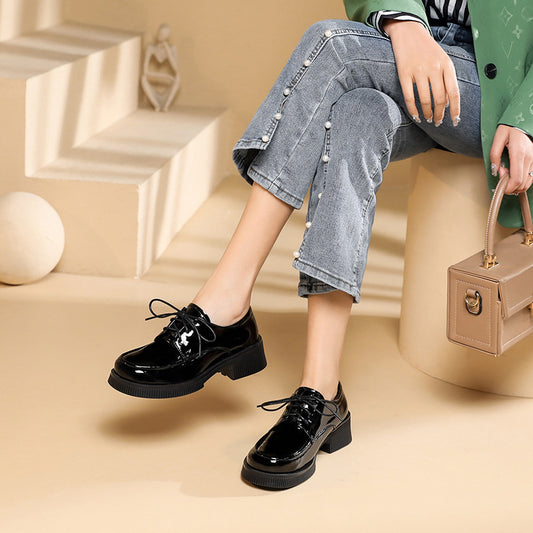 Women's Patent Small British Style Mid Chunky Women's Shoes