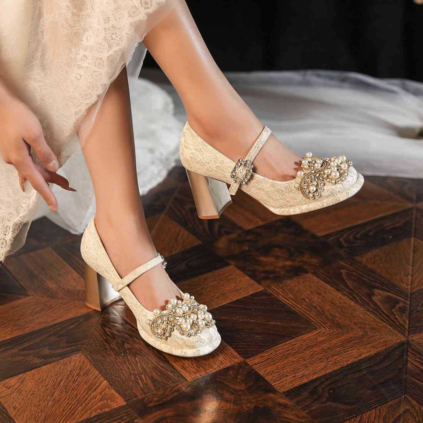 Jacquard Wedding Pearl Rhinestone Chunky Square Toe All-inclusive Heels