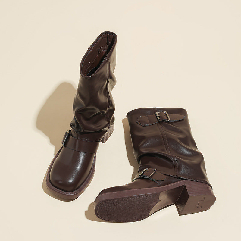 Women's Retro Style Round Toe Sleeve Pants Belt Buckle Pleated Pile Women's Leather Boots