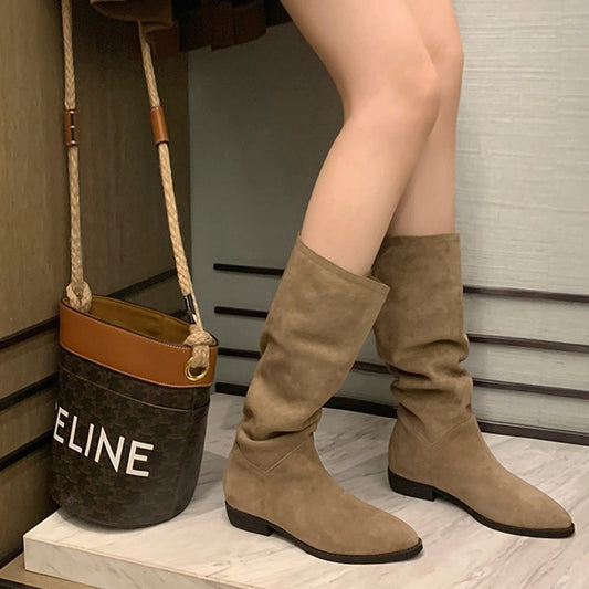 Women's Mom Retro Pointed Toe Chunky Western Denim Boots