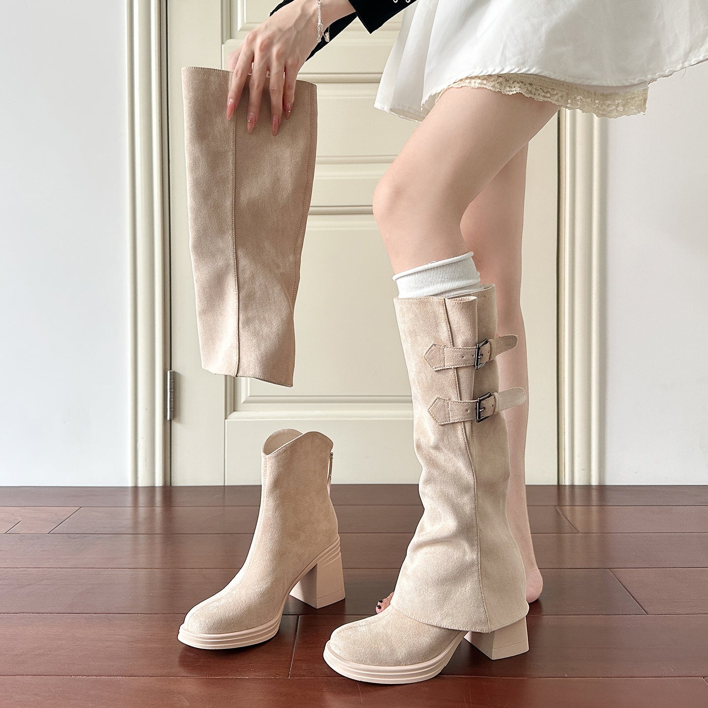 Women's Pile Style Removable Long Chunky High Suede Heels
