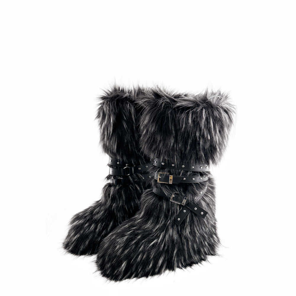 Punk Faux Fur Rivet Slimming Lace Boots