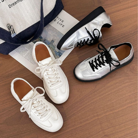 Women's Retro Soft Glutinous White Round Toe Lace Up Sneakers