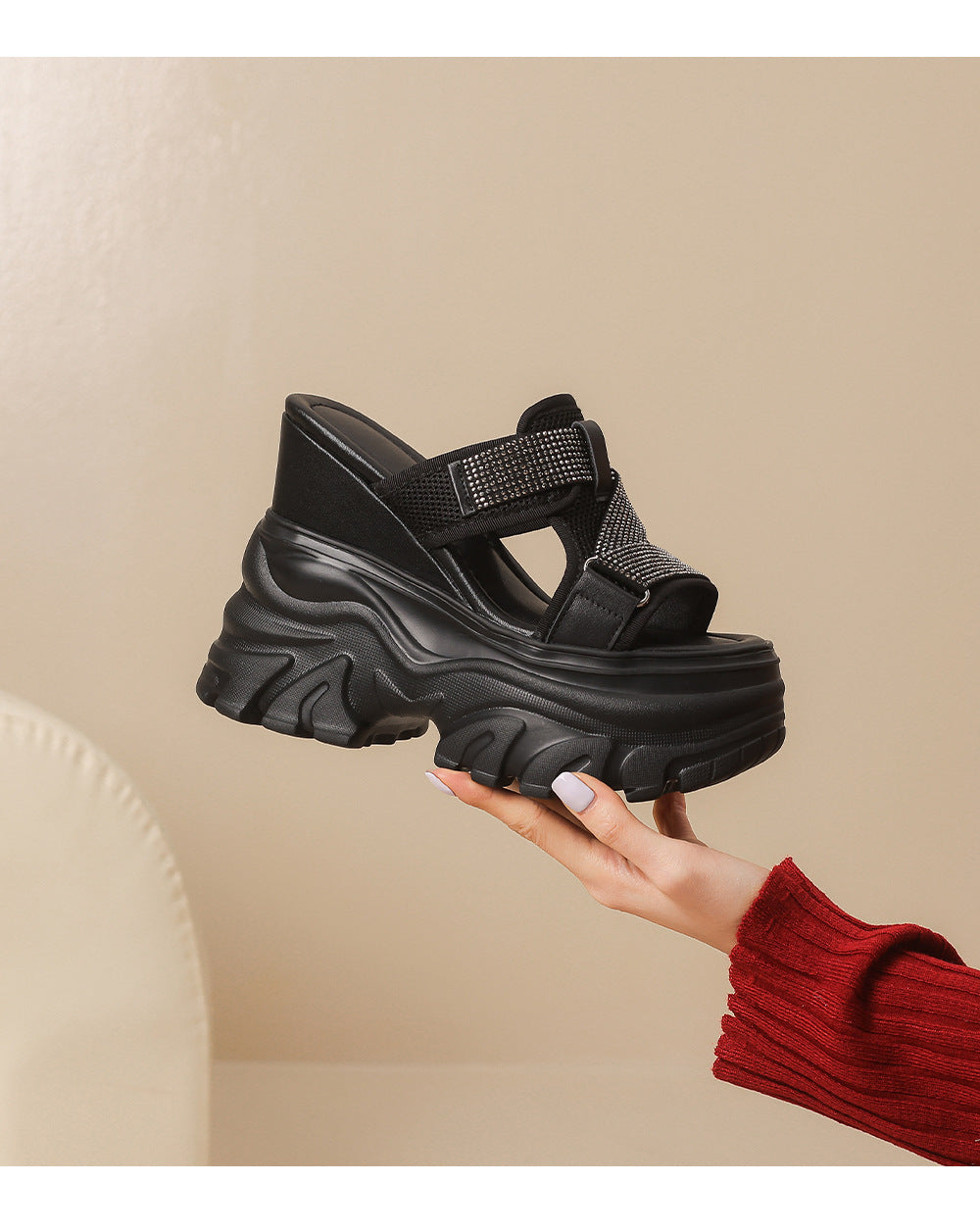 Women's Rhinestone Slip-on Platform Half Outdoor Wedge Thick-soles Slippers