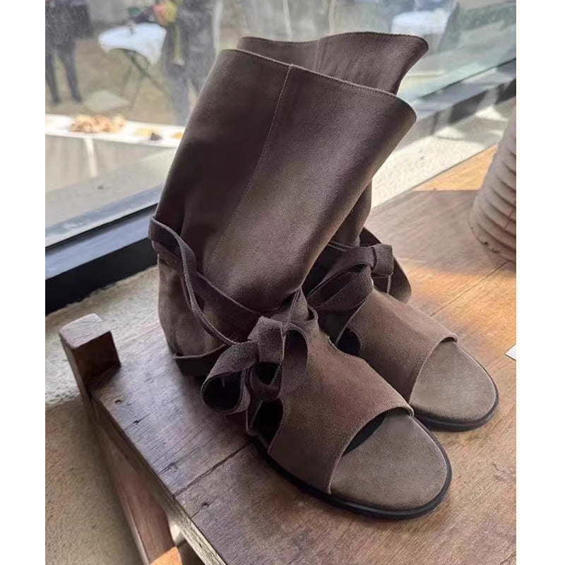 Style Niche Authentic Low Female Summer Peep Toe Women's Leather Boots