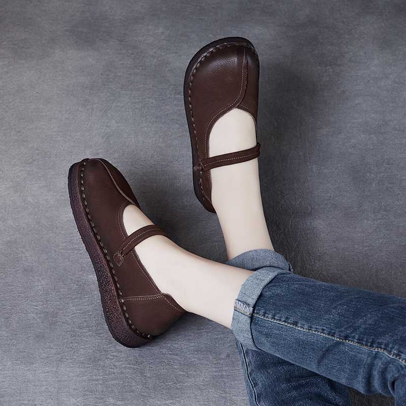 Women's Ethnic Style Top Layer Cowhide Handmade Shallow Mouth Soft Soled Casual Shoes