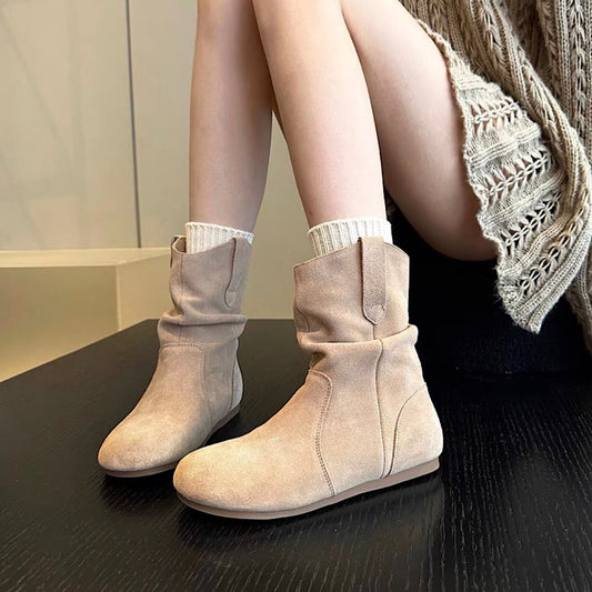 Women's Retro Flat Bottom Short Knee-high Sleeve Round Toe Pile Boots