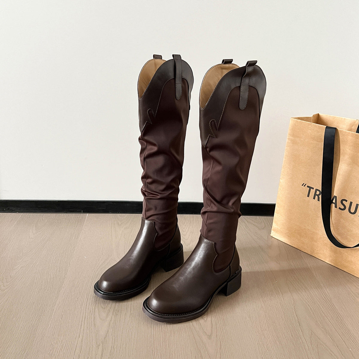 Women's The Knee V Cut High American Retro Western Cowboy Autumn Women's Leather Boots