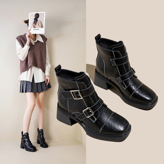 Women's Small Martin Spring British Style Velcro Niche Fashionable Belt Buckle Women's Leather Boots