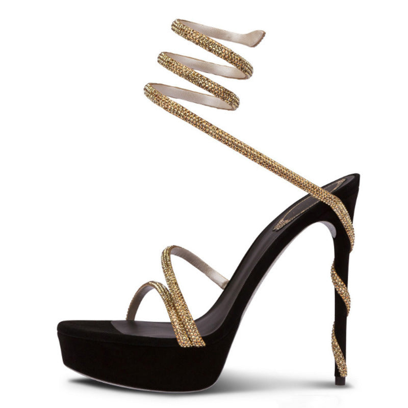 Women's Waterproof Platform Super Stiletto Snake-shaped Rao Strap Large Size For Heels