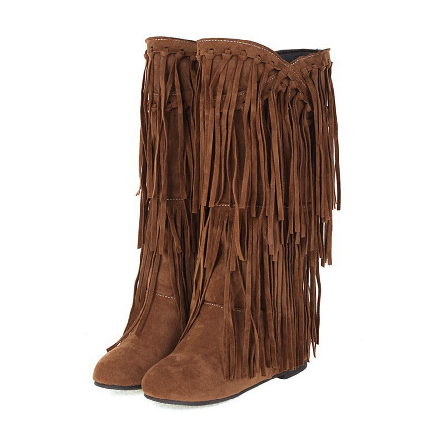 Women's Tassel Round Toe Invisible Elevated High Leg Long Women's Leather Boots