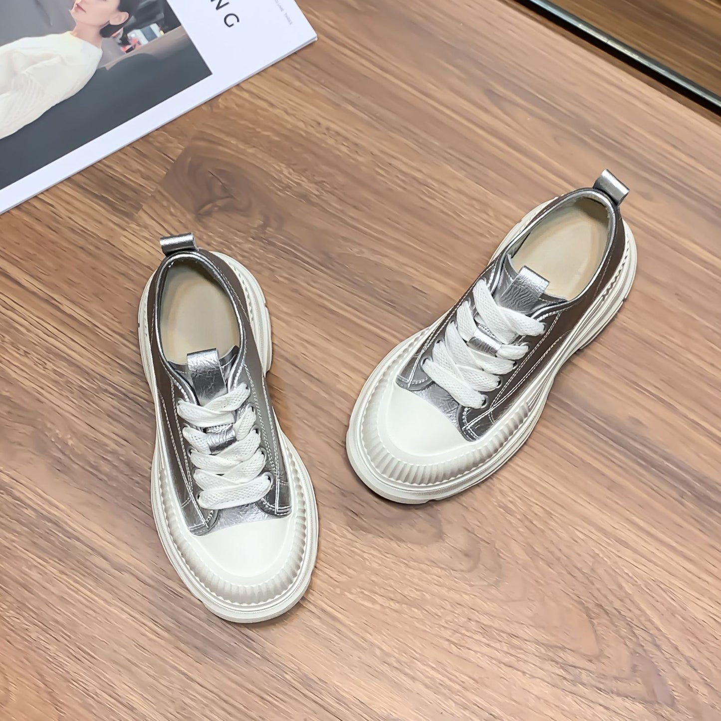 Women's White Platform Winter Sports Height Increasing Casual Shoes