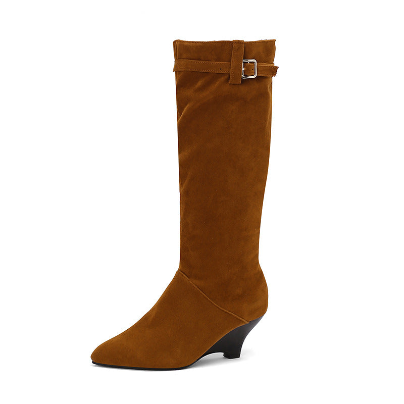 Women's Belt Buckle Side Zipper High Leg Women's Leather Boots