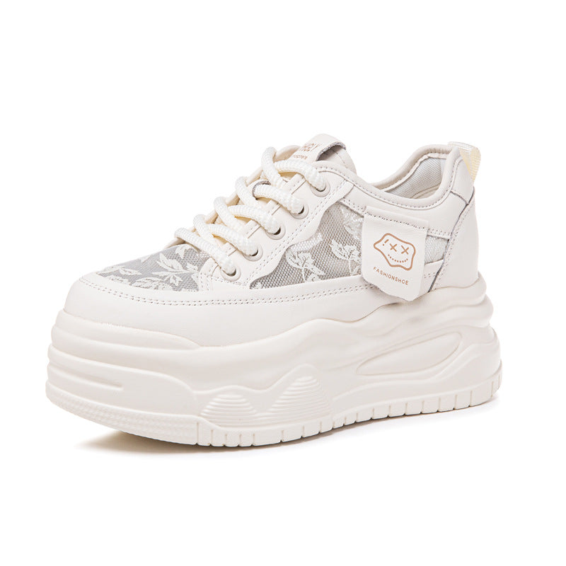 Women's White Spring Small Platform Summer Lace Mesh Casual Shoes