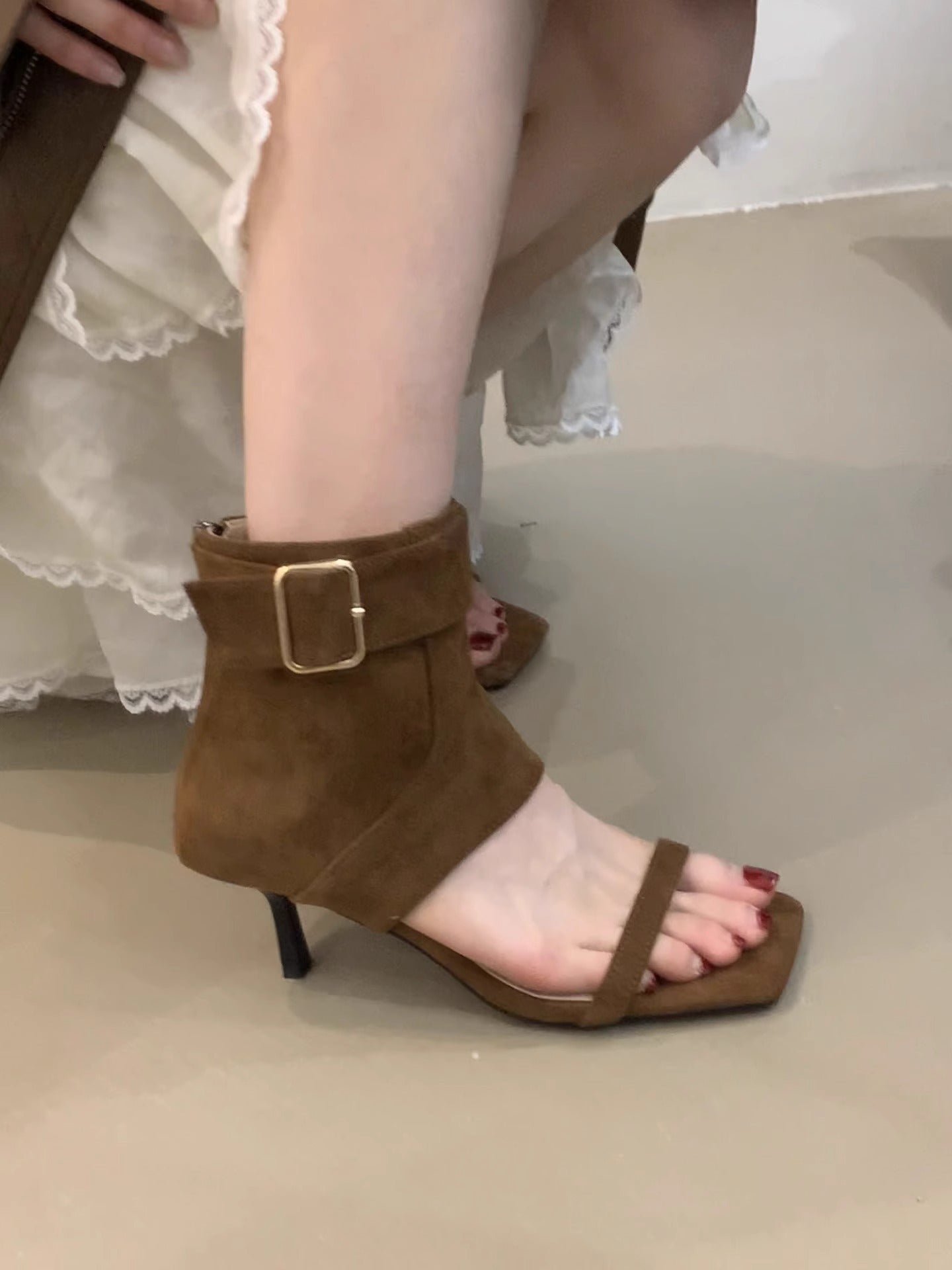 Stiletto Female Little Fairy Vintage Suede Open Toe Belt Heels