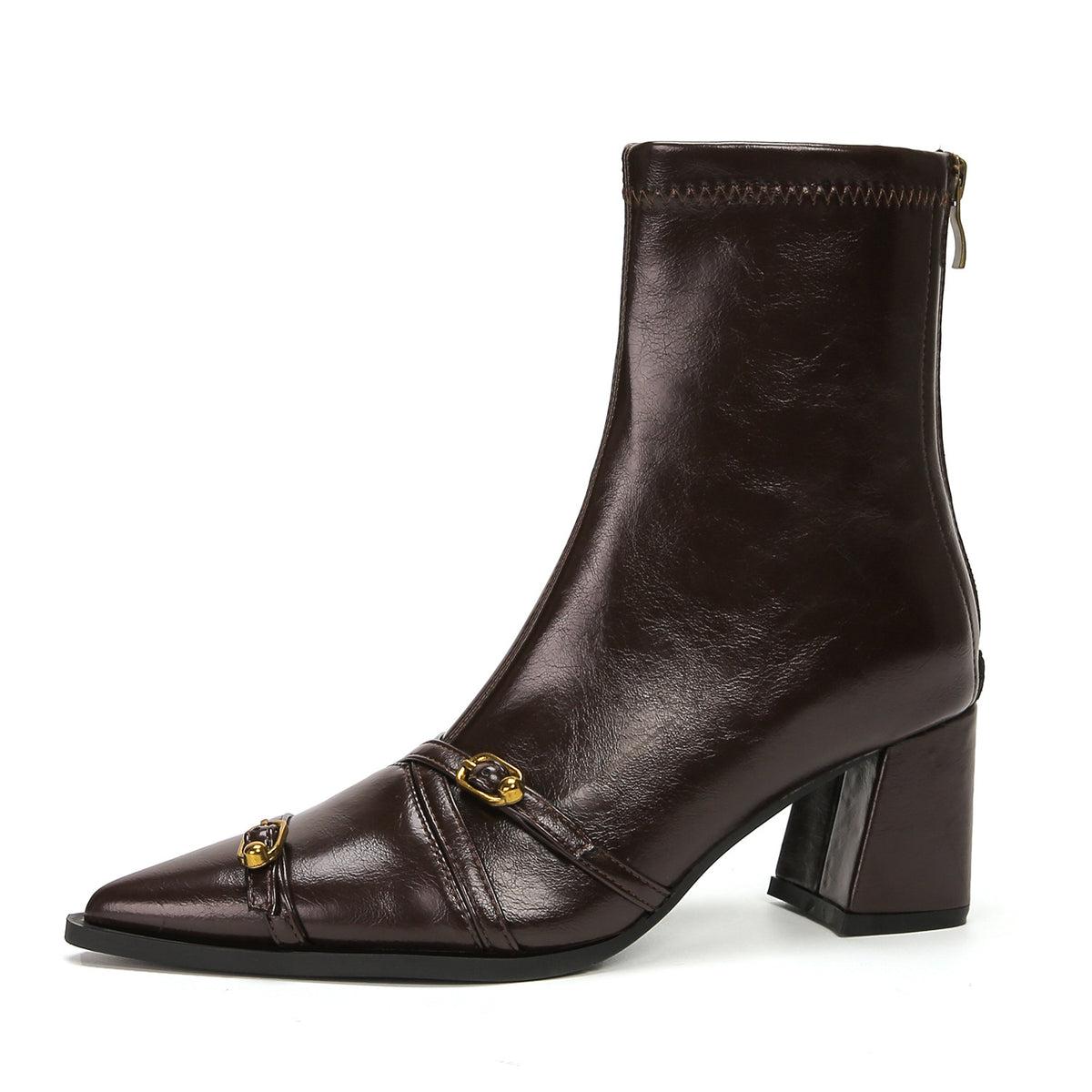 Women's Ankle Retro French Chunky Pointed Toe Back Zipper Women's Leather Boots
