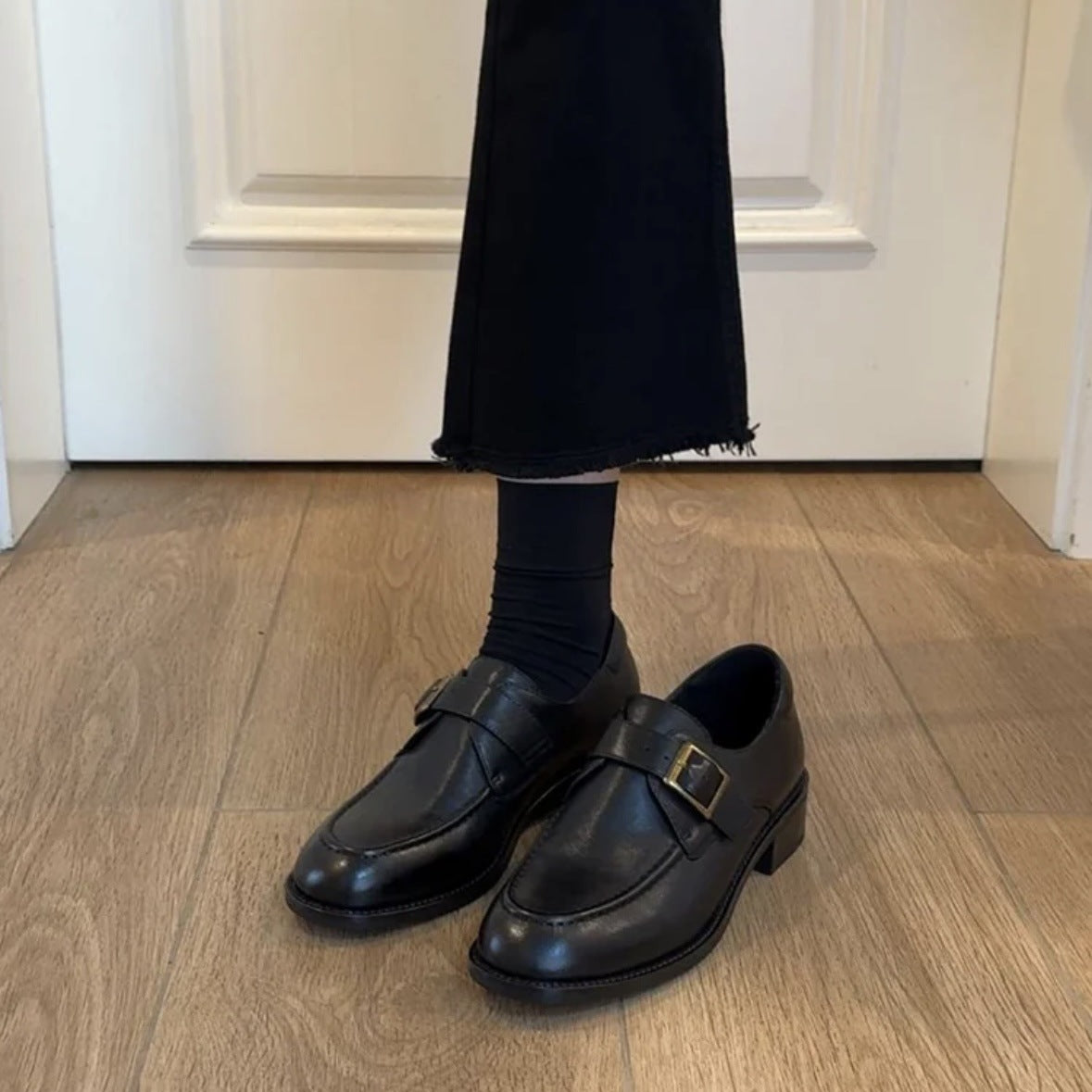 Women's Grape Mom Autumn Round Toe Calfskin Pumps Chunky Leather Shoes