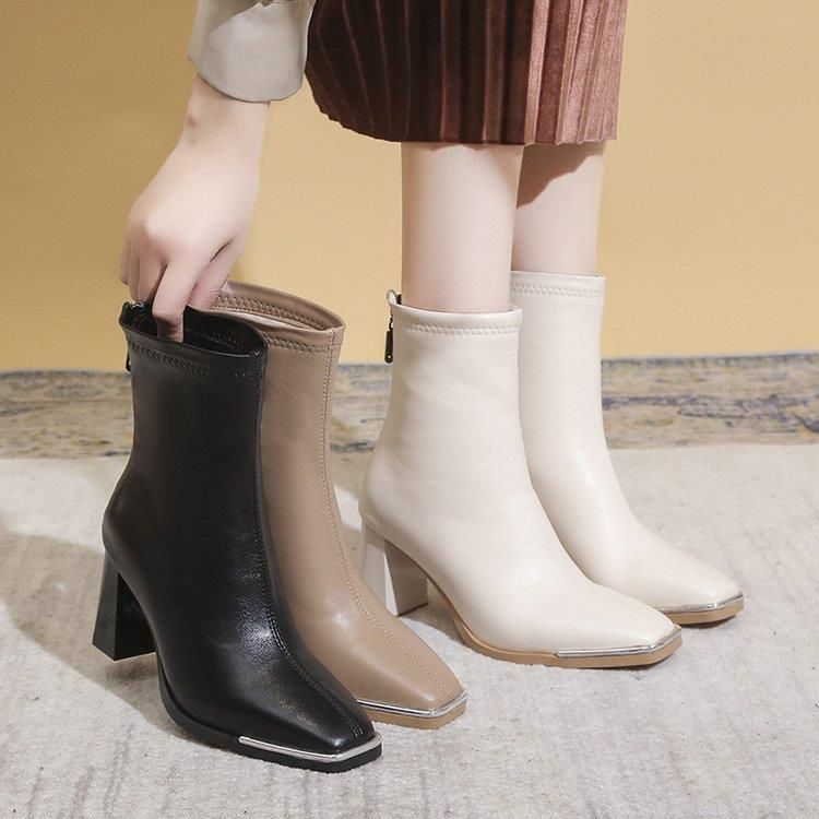 Women's Soft High Square Toe Chunky Fashion Veet Heels