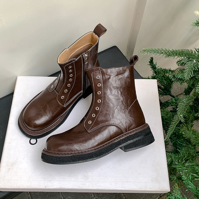 Women's Round Toe Side Zipper Machine Car Women's Leather Boots