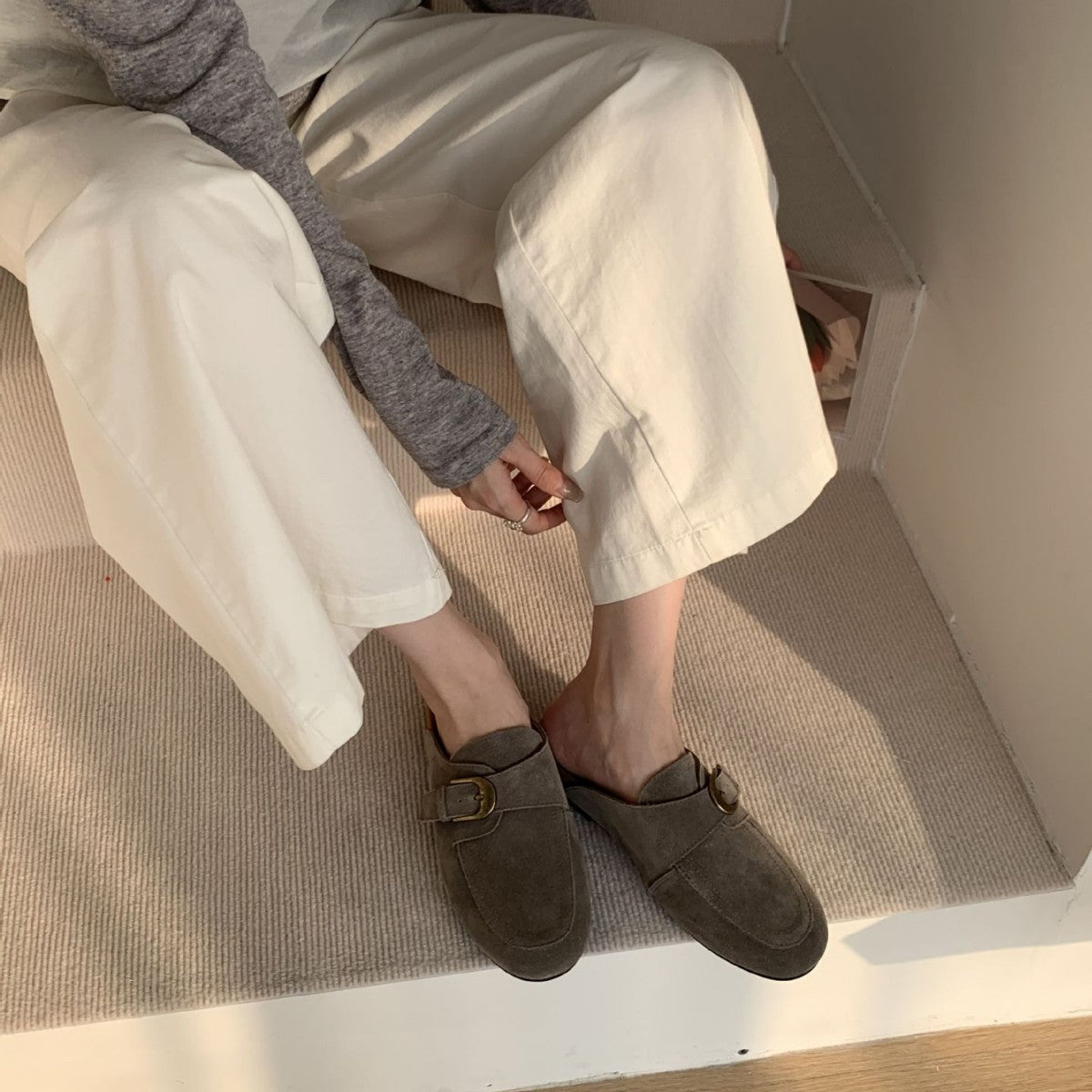Retro Frosted Closed Toe Half Spring Slip-on Women's Casual Shoes