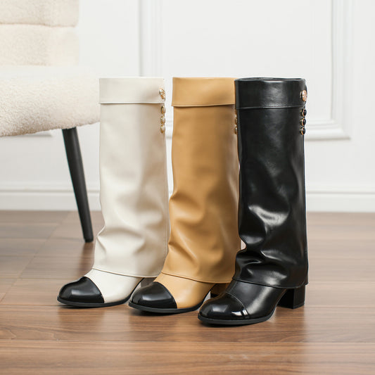 Women's Classic Style High-heeled Thigh Color Matching Round Toe High Pants Boots