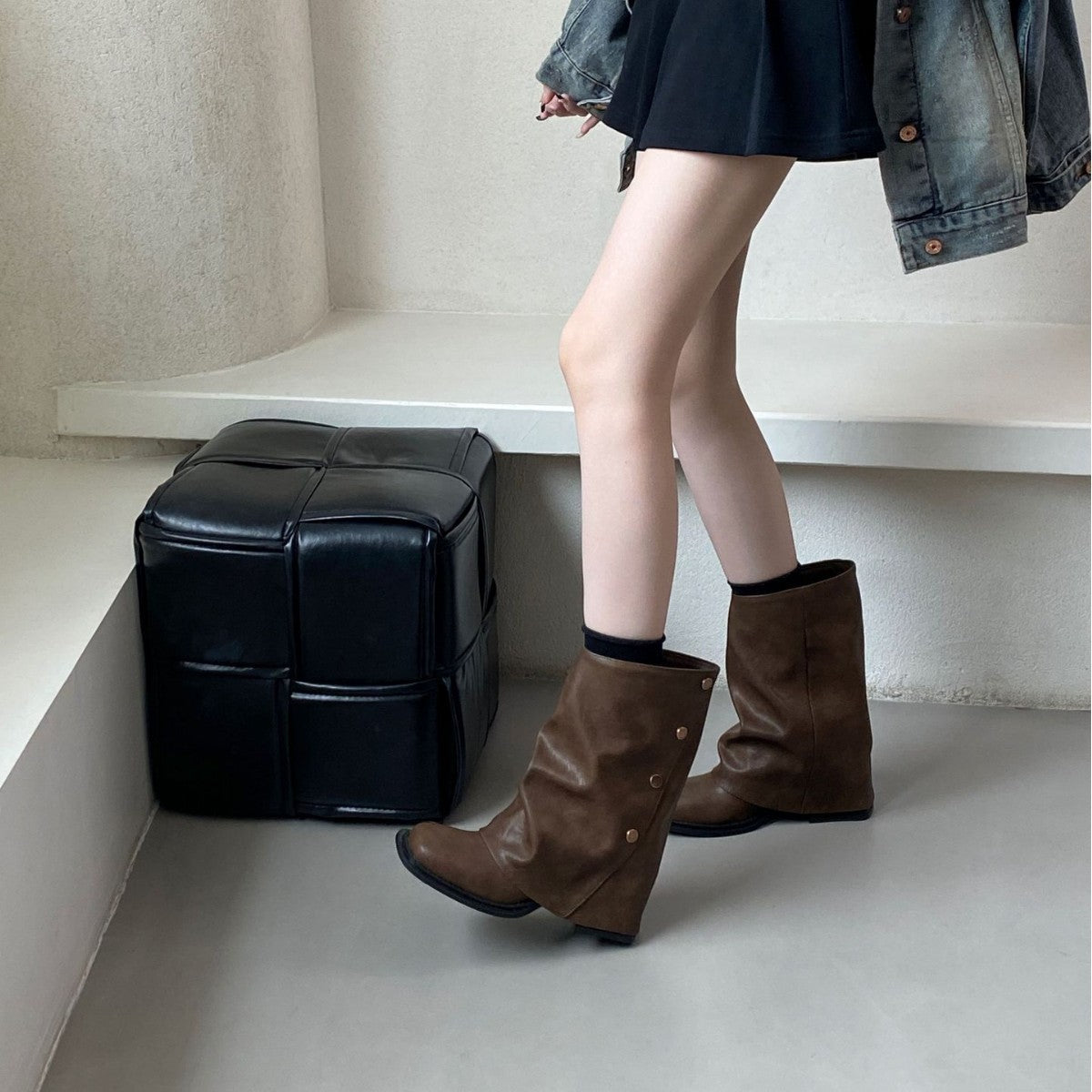 Women's Tax-free Chunky Short High Tube Pants Women's Leather Boots