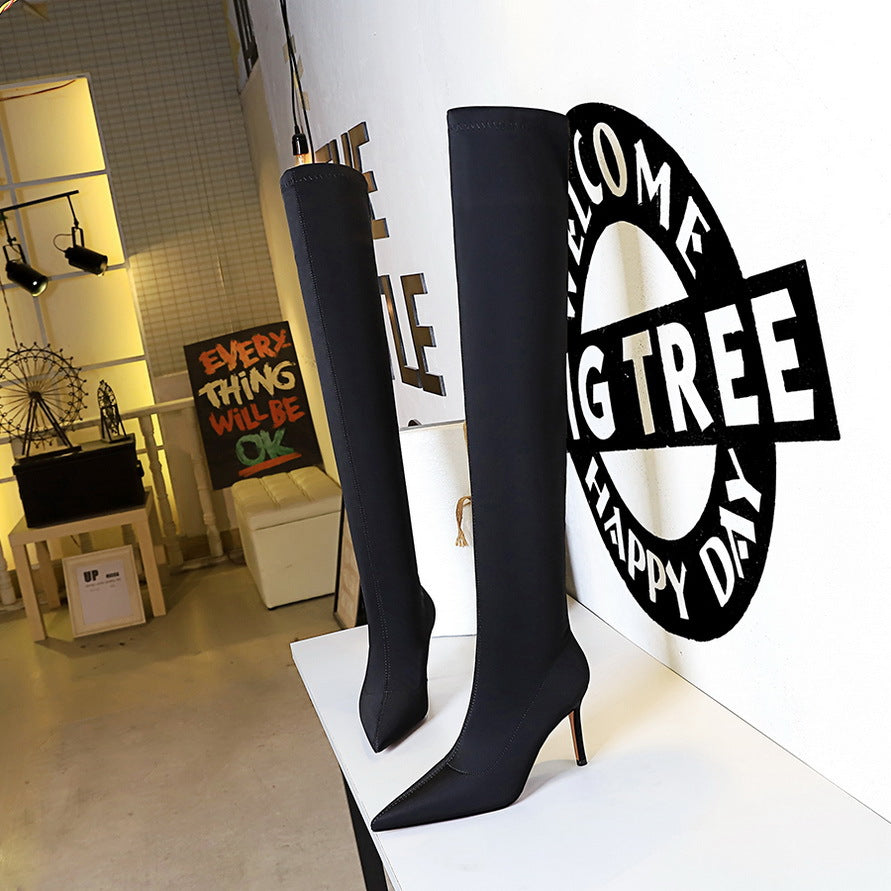 High Stretch Stiletto Pointed Toe Sexy Nightclubs Women's Leather Boots