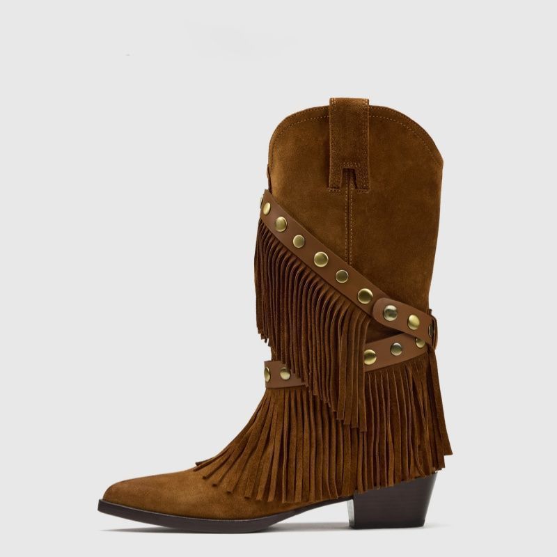 Women's Tassel Western Cowboy Pointed Toe Chunky Fashion Detachable Two-way Women's Leather Boots