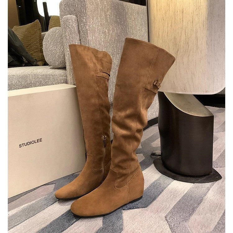 Insole Pointed Round Head Buckle Style Thin Bottom Over The Women's Leather Boots