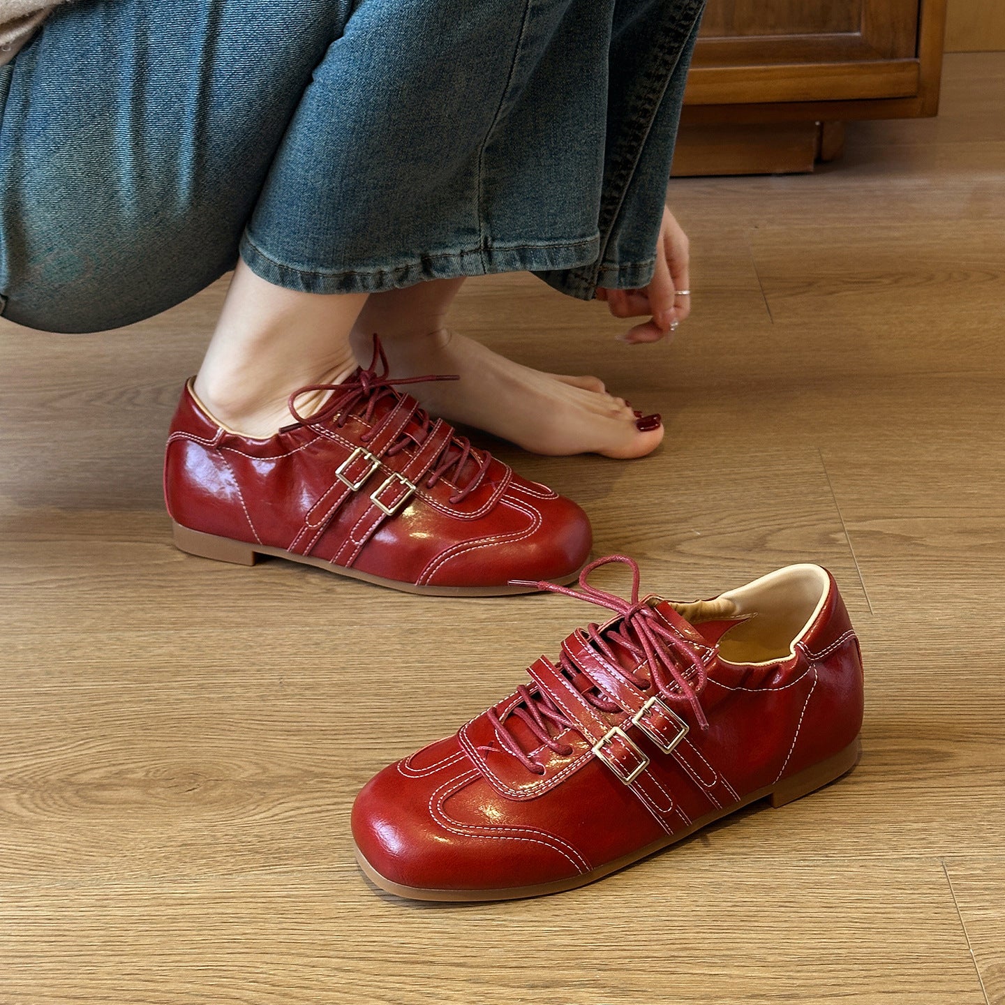Women's Style Elevator Wild Chunky Square Toe Double Buckle Casual Shoes